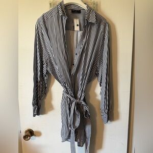 LANE BRYANT Navy and White Belted Shirt